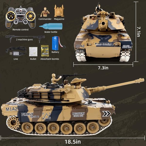 1/18 RC Tank, Metal Tracks US M1A2 Remote Control Tank, 15 Channel Army Tank with Smoke & Sound & LED Lights & BBS & Water Bombs & Recoil Force & 60 Minutes Playing Time, Adults and Kids - Image 3