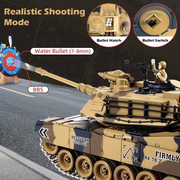 1/18 RC Tank, Metal Tracks US M1A2 Remote Control Tank, 15 Channel Army Tank with Smoke & Sound & LED Lights & BBS & Water Bombs & Recoil Force & 60 Minutes Playing Time, Adults and Kids - Image 4