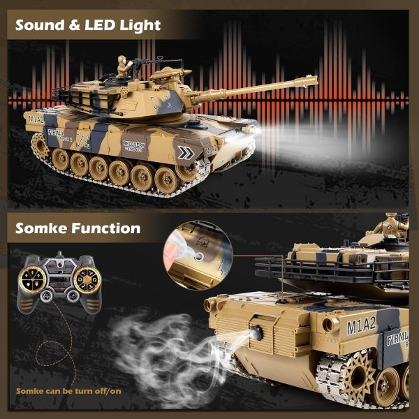 1/18 RC Tank, Metal Tracks US M1A2 Remote Control Tank, 15 Channel Army Tank with Smoke & Sound & LED Lights & BBS & Water Bombs & Recoil Force & 60 Minutes Playing Time, Adults and Kids - Image 6