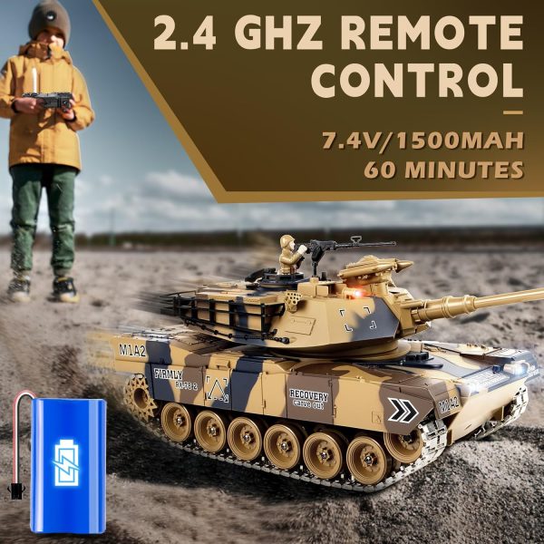 1/18 RC Tank, Metal Tracks US M1A2 Remote Control Tank, 15 Channel Army Tank with Smoke & Sound & LED Lights & BBS & Water Bombs & Recoil Force & 60 Minutes Playing Time, Adults and Kids - Image 7