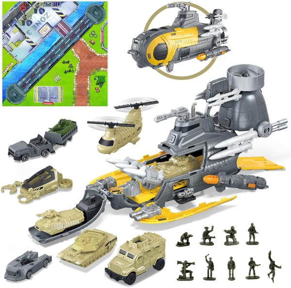 deAO Submarine Toy Naval Ship with Mat,10PCS Vehicle Tank Helicopter Plane & 10PCS Army Men Toy Soldiers,Ideal Gift Army Toys Set for Kids Boys Girls - Image 2