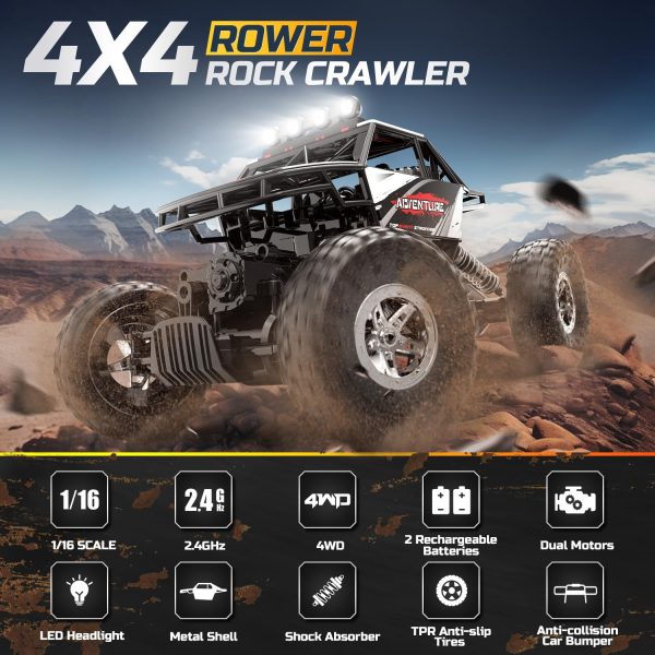 DEERC DE45 RC Cars Remote Control Car 1:14 Off Road Monster Truck,Metal Shell 4WD Dual Motors LED Headlight Rock Crawler,2.4Ghz All Terrain Hobby Truck with 2 Batteries for 90 Min Play,Boy Adult Gifts - Image 6