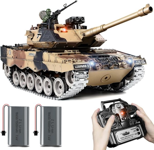 1:18 RC Tank, 2.4Ghz Metal German Leopard II Remote Control Model Toy That Shoots BBS and Water Bombs, RC Military Vehicle for Adults and Kids, Army Toy Tank with Smoke, Sound, Recoil, Lights - Image 2