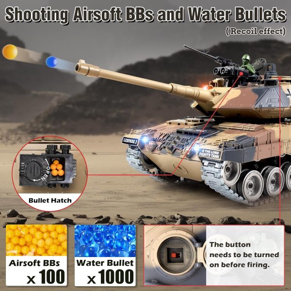 1:18 RC Tank, 2.4Ghz Metal German Leopard II Remote Control Model Toy That Shoots BBS and Water Bombs, RC Military Vehicle for Adults and Kids, Army Toy Tank with Smoke, Sound, Recoil, Lights - Image 4