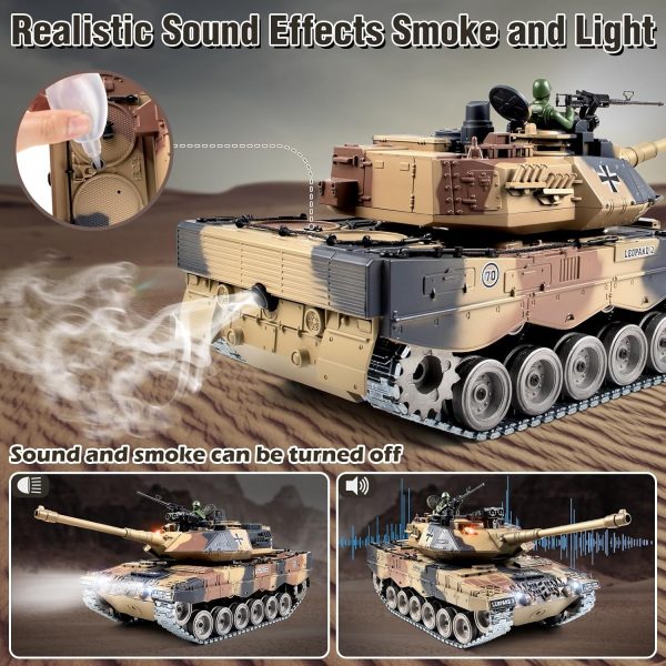 1:18 RC Tank, 2.4Ghz Metal German Leopard II Remote Control Model Toy That Shoots BBS and Water Bombs, RC Military Vehicle for Adults and Kids, Army Toy Tank with Smoke, Sound, Recoil, Lights - Image 5