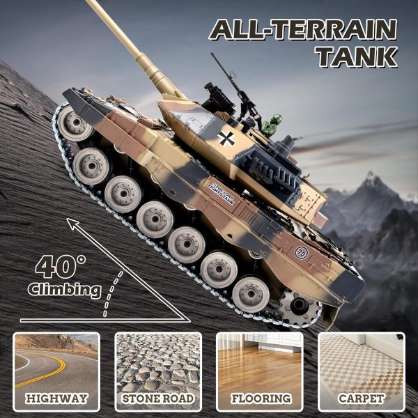 1:18 RC Tank, 2.4Ghz Metal German Leopard II Remote Control Model Toy That Shoots BBS and Water Bombs, RC Military Vehicle for Adults and Kids, Army Toy Tank with Smoke, Sound, Recoil, Lights - Image 6