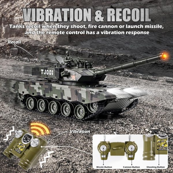 1/24 RC Battle Tank Set, Remote Control US M1A2 Abrams and Chinese Type 99 Model Tank That Shoots for Kids and Adults, 2.4G Army Toy for Boys Age 6+ Year Old with Sound, Lights and Smoke - Image 6