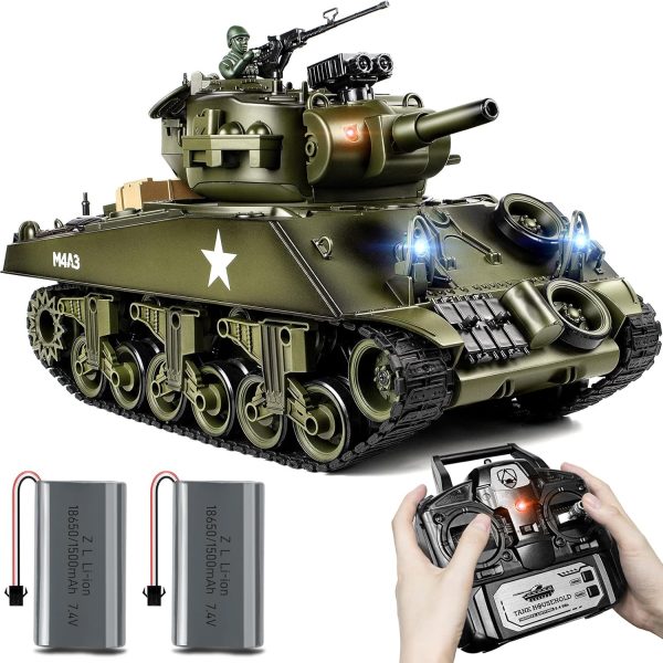 1/18 RC Tank, 2.4Ghz US M4A3 Sherman Remote Control Model Army Toys, 15 Channel RC Vehicle with Smoke, Light, Sound, and Recoil, Military Tank for Kid and Adult That Shoots BBS and Water Bombs - Image 2