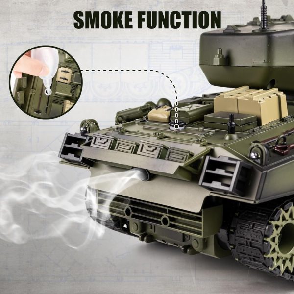 1/18 RC Tank, 2.4Ghz US M4A3 Sherman Remote Control Model Army Toys, 15 Channel RC Vehicle with Smoke, Light, Sound, and Recoil, Military Tank for Kid and Adult That Shoots BBS and Water Bombs - Image 3