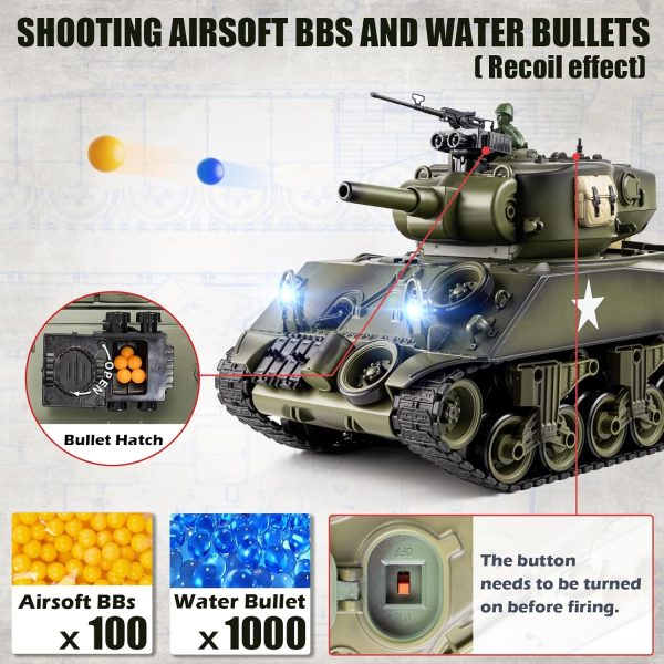 1/18 RC Tank, 2.4Ghz US M4A3 Sherman Remote Control Model Army Toys, 15 Channel RC Vehicle with Smoke, Light, Sound, and Recoil, Military Tank for Kid and Adult That Shoots BBS and Water Bombs - Image 4