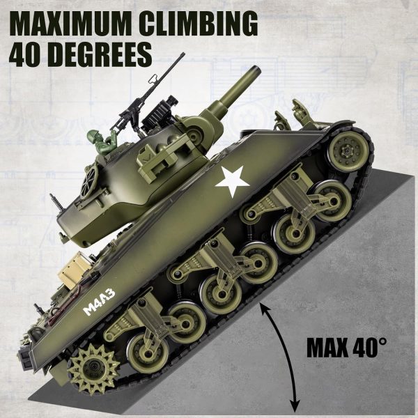 1/18 RC Tank, 2.4Ghz US M4A3 Sherman Remote Control Model Army Toys, 15 Channel RC Vehicle with Smoke, Light, Sound, and Recoil, Military Tank for Kid and Adult That Shoots BBS and Water Bombs - Image 6