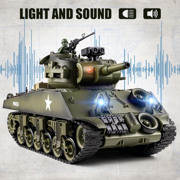 1/18 RC Tank, 2.4Ghz US M4A3 Sherman Remote Control Model Army Toys, 15 Channel RC Vehicle with Smoke, Light, Sound, and Recoil, Military Tank for Kid and Adult That Shoots BBS and Water Bombs - Image 8