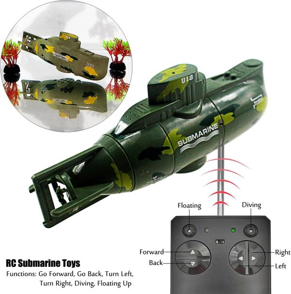 Tipmant Mini RC Submarine Remote Control Boat Ship Military Model Electronic Water Toy Diving for Fish Tank Water Tub Kids Birthday Gift (Green) - Image 3