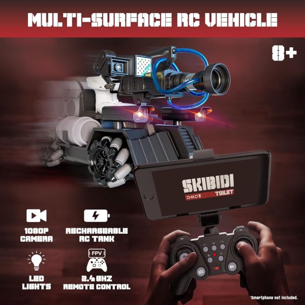 Force1 Officially Licensed Skibidi Toilet Toy Cameraman Figure PDLT Tank RC Truck- Parasite Disabler Remote Control Car, Rechargeable RC Cars with Camera, LED, WiFi 1080p FPV Video Recording RC Car - Image 4