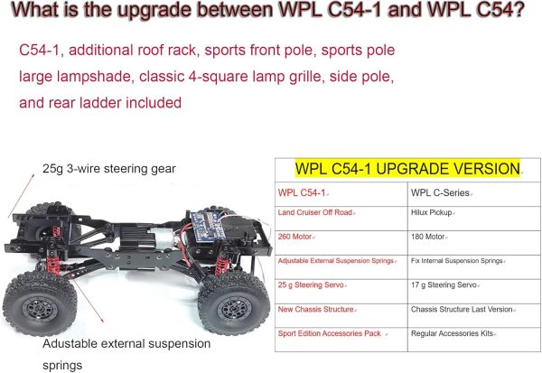 RC Rock Crawler RC Truck 4x4 WPL C54-1 RTR 1/16 Scale RC Crawler, Off Road Truck All Terrain with Upgraded Chassis and Shock, 260 Motor New Gearbox, Bumper Roof Rack Hobby Toy Adult - Image 7