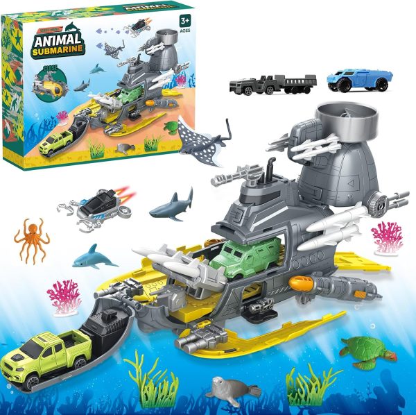 Submarine Toy, Ocean Animals Toys Deep Sea Creatures Toy with Truck Toys Military Cars, Gifts for 3 Plus Year Old Girls and Boys, Vehicle Toys Set for Kids - Image 2