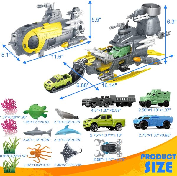 Submarine Toy, Ocean Animals Toys Deep Sea Creatures Toy with Truck Toys Military Cars, Gifts for 3 Plus Year Old Girls and Boys, Vehicle Toys Set for Kids - Image 3