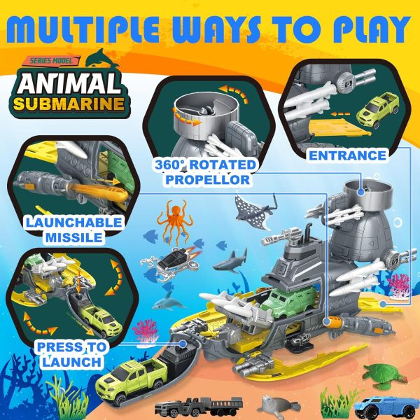 Submarine Toy, Ocean Animals Toys Deep Sea Creatures Toy with Truck Toys Military Cars, Gifts for 3 Plus Year Old Girls and Boys, Vehicle Toys Set for Kids - Image 5