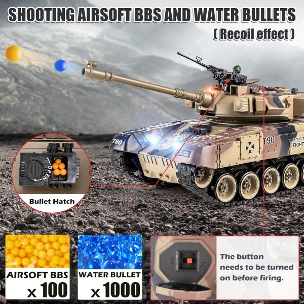 1:18 RC Tank, 2.4Ghz Russian T-90 Remote Control Tank Model Toy That Shoots BBS and Water Bombs, Army Tank Toys with Smoke, Sound, Recoil, Military RC Vehicle for Adults and Kids 6+ Year Old - Image 4