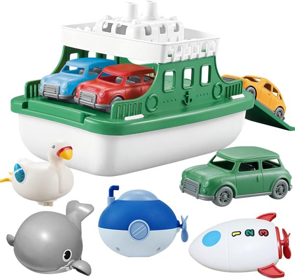 Ferry Boat with 4 Car and 4 Wind Up Bath Swimming Toys, Kids Bath Toy Floating Vehicle Whales Submarines Swans Rockets, Bathtub Bathroom Pool Beach Toy Set for Toddlers Boys Girls - Image 2