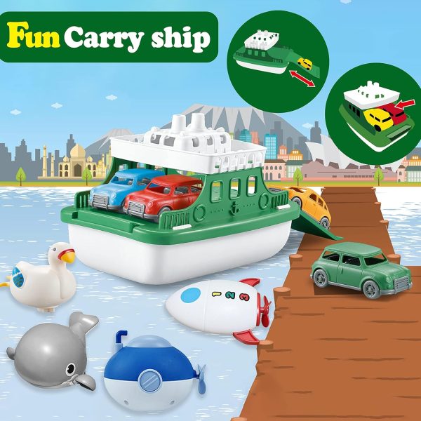 Ferry Boat with 4 Car and 4 Wind Up Bath Swimming Toys, Kids Bath Toy Floating Vehicle Whales Submarines Swans Rockets, Bathtub Bathroom Pool Beach Toy Set for Toddlers Boys Girls - Image 3