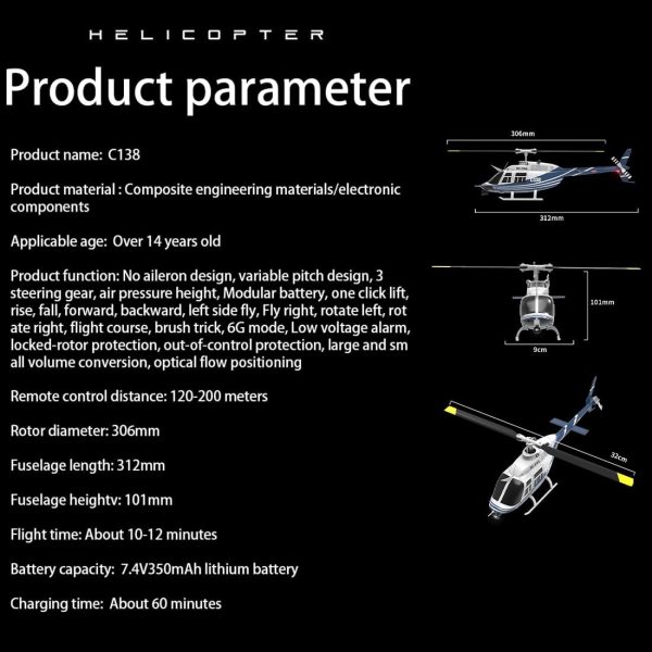 RC ERA C138 1/30 Scale 206 Helicopter for Adult, 2.4G 6CH No Aileron Helicopter with Altitude Hold and Optical Flow Positioning, 4 Batteries (RTF Version/Blue&White) - Image 8