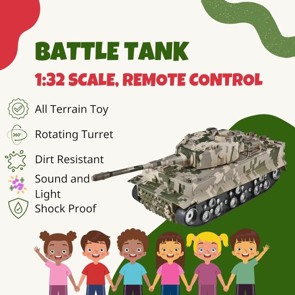 Remote Control Tank for Kids, RC Battle Tank with Lights & Sounds, Rotating Turret, RC Military All Terrain Off-Road Vehicles, Gift RC Tank Toy for Boys - Image 3