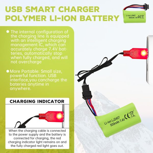 Fytoo 7.4V 500mah SM-4P Plug Rechargeable Battery with USB Charging Cable for EC16 DE85 RC Toy Car Model Dirt Bike Battery M416 Electric Gel Ball Blaster Spare Battery - Image 4