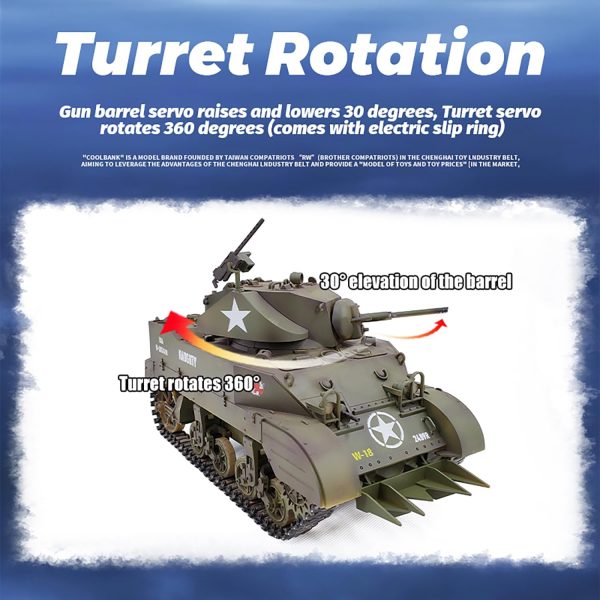 Remote Control Light Tank US M5A1 Stuart Tank 1/16 War RC Military Vehicle Simulation Smoke Barrel Lifting/Turret Rotation 360 Degrees/NO-Shooting/Collection Model / 2Batteries - Image 8