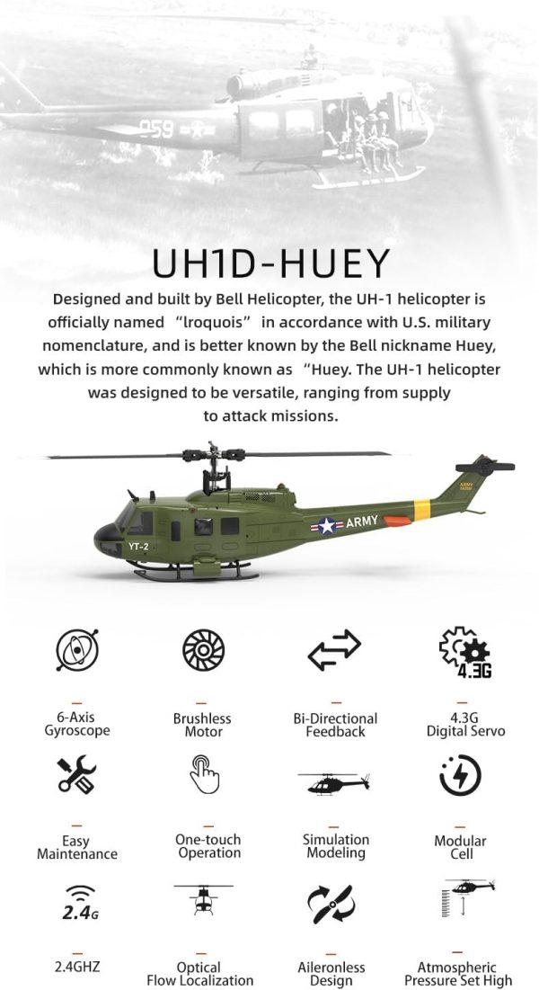 F07 UH-1 Huey RC 1/34 Helicopter, 2.4G 6CH Brushless Direct-Drive 3D/6G Flybarless Helicopter Model (Tri-Battery Version) - Suitable for Advanced Players - Image 6