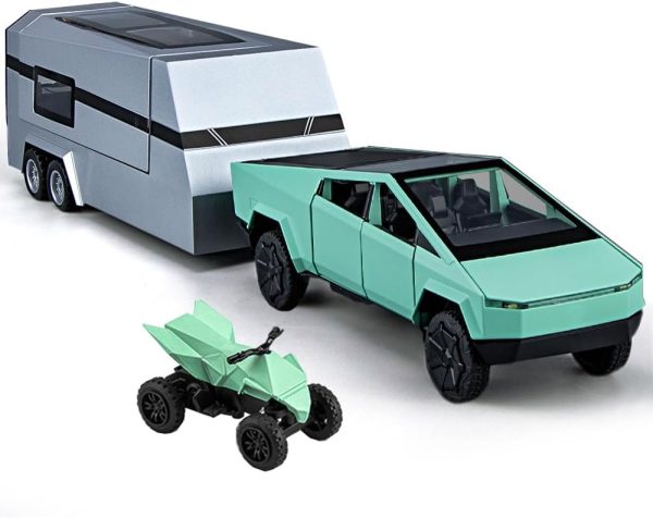 Pickup Trailer RV Model, Metal Pick-Up Truck Trailer Toy with Motorcycle, Toy Truck with Sound/Light/Pull Back/Realistic Interior Exterior,Ideal Toy Car Vehicle Gifts (1/32 Green Pickup Trailer RV) - Image 10