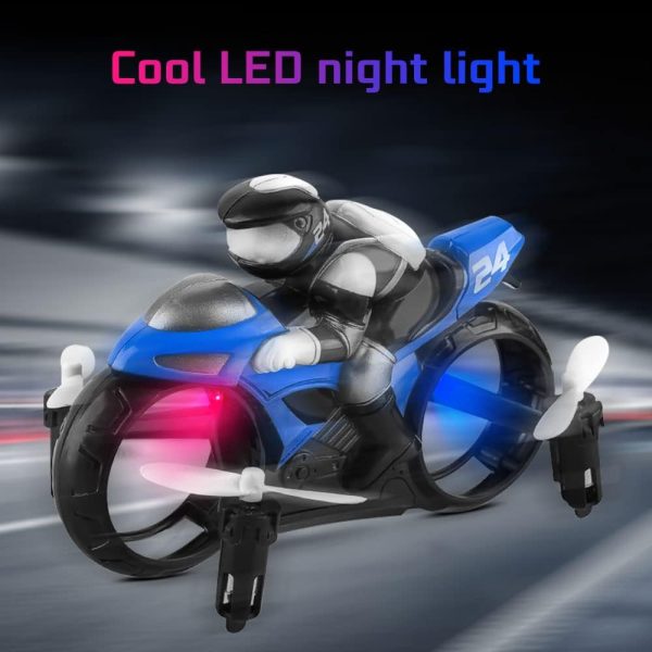 Magic RC Fly Motorbike, 2.4GHz Remote Control Motorcycle Toys Mini Flying Motorcycle with Light, 2 in 1 Land Air Motorcycle Aircraft, 360° Rotation Drift Stunt RC Drone (Blue) - Image 4