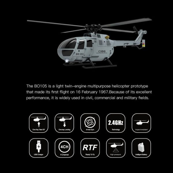 C186 Remote Control Helicopter Single Rotor No Ailerons BO-105 Like-Real RC Aircraft Model Air Pressure Hover Aerobatic Flight 6-Axis Gyroscope (Grey 2 Batteries) - Image 8