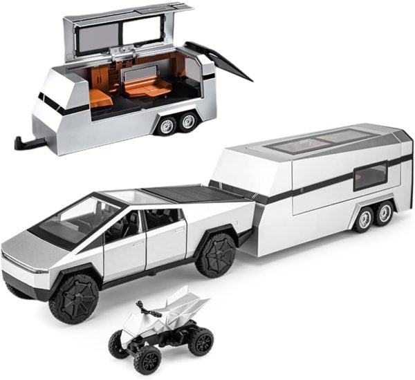 1/32 Pickup Truck and Trailer Toys with Light and Pull Back, Alloy Diecast Pickup Trailer RV Model Kit, Diecast Model Car Toy Truck and Trailer for Boys Adults as Birthday Gifts (Silver) - Image 2