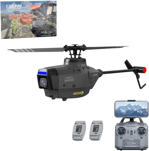 C127AI RC Helicopter with 1080P HD Camera, 2.4G 4CH Remote Control Helicopter with Camera for Adults, Single-Rotor Brushless RC Aircraft Without Aileron Indoor Outdoor-RTF (Black(2 Batteries)) - Image 2