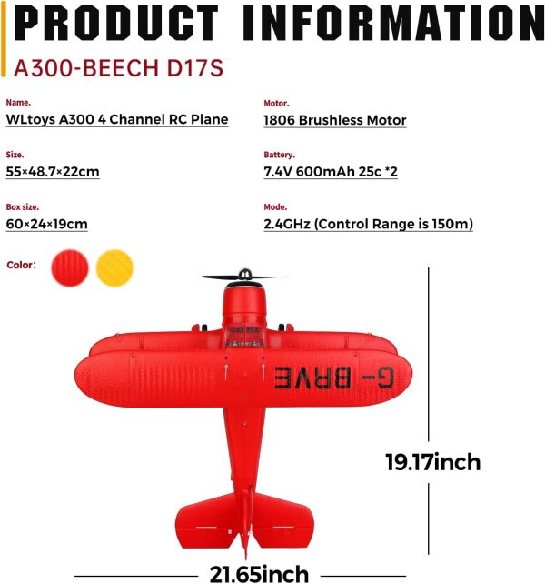 CKYSCHN WLtoys A300 4-Ch RC Plane, Beechcraft D-17 RC Airplanes with Lights, 6G/3D Brushless RC Planes with 2 Batteries, 2.4G Remote Control RC Airplanes Gifts for Adults (Yellow) - Image 7