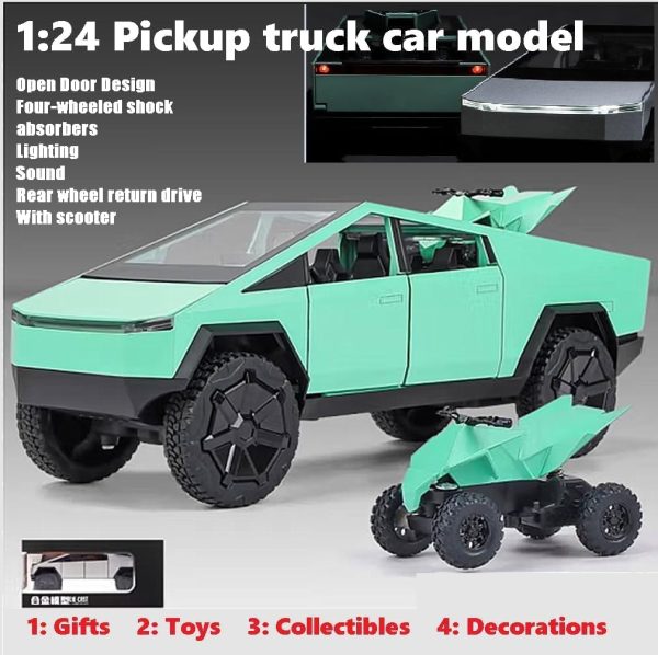 EROCK 1:24 Pickup Truck Off-Road Alloy car Model Toys,with Small Motorbike Toy, Sound and Light Function, Adults and Children are Suitable for Toy Gifts,Collectibles, Decorations. (1:24 Pickup Green) - Image 5