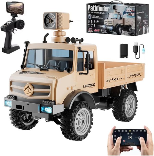 RC Military Truck, 1:16 Scale Remote Control Car with Camera, All Terrain RC Rock Crawler Off-Road RC Truck, 2.4GHz Army Transport Vehicle with Rechargeable Battery for Kids Adults, Beige - Image 2