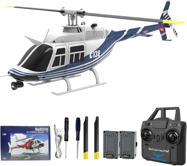 C138 Remote Control Helicopter, 1:33 Scale Bell206 Helicopter 2.4G 6CH RTF Single Propeller Aileron Free, Six-axis Gyroscope, Modular Battery, One-Touch Function Gift for Adults (2 Battery) - Image 2