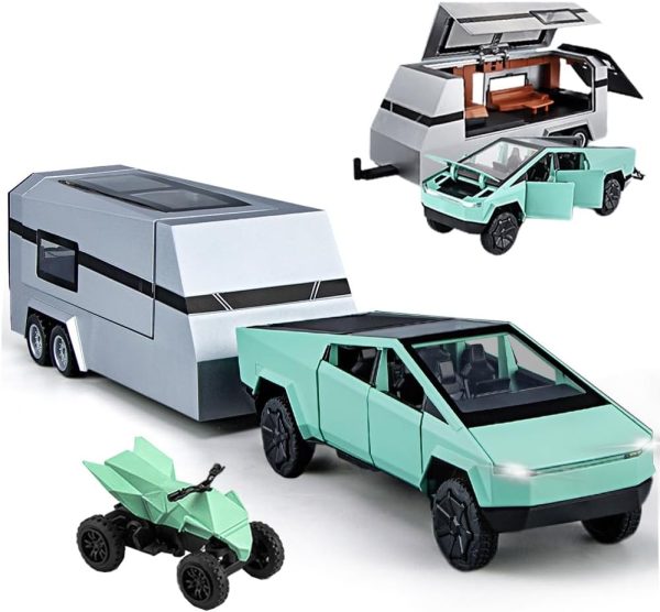 Pickup Trailer RV Model, Metal Pick-Up Truck Trailer Toy with Motorcycle, Toy Truck with Sound/Light/Pull Back/Realistic Interior Exterior,Ideal Toy Car Vehicle Gifts (1/32 Green Pickup Trailer RV) - Image 2