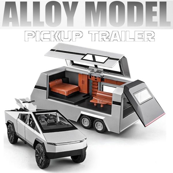 Pickup Trailer RV Model, Metal Pick-Up Truck Trailer Toy with Motorcycle, Toy Truck with Sound/Light/Pull Back/Realistic Interior Exterior,Ideal Toy Car Vehicle Gifts (1/32 Green Pickup Trailer RV) - Image 3