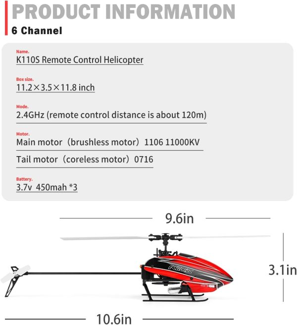 CKYSCHN Remote Control Helicopter, WLtoys K110S RC Helicopters with 3D/6G Mode Gyro for Adults, 6 Channel RC Aircraft with Brushless Motor, Mini Helicopter with 3 Batteries - Image 4