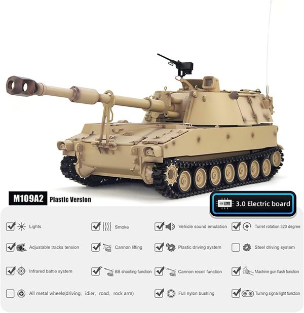 Large Remote Control Tank US M109A2 Self-propelled Howitzer RC Tank 1/16 War Military Vehicle Smoke Barrel Turning Cannon Lifting Shooting Sound Effect Collection 50CM (Yellow Standard RC Tank) - Image 4