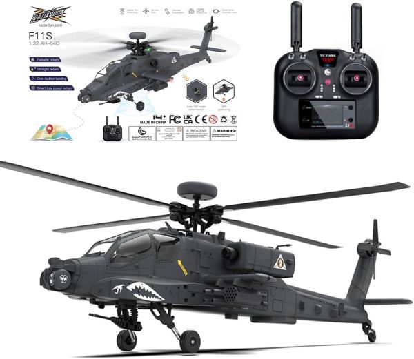 F11-S AH64 RC Helicopter for Adults, 1/32 Scale 2.4G 6CH Dual-axis Co-Drive Flybarless Stunt RC Military Helicopter with GPS Flight Control System and Camera (RTF GPS Smart Version) - Image 2