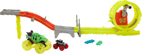 Hot Wheels Monster Trucks Track Set & 2 Toy Trucks: Oversized Skelesaurus & 1:64 Scale Bone Shaker, Race & Chase Challenge with 2 Crushed Cars - Image 2