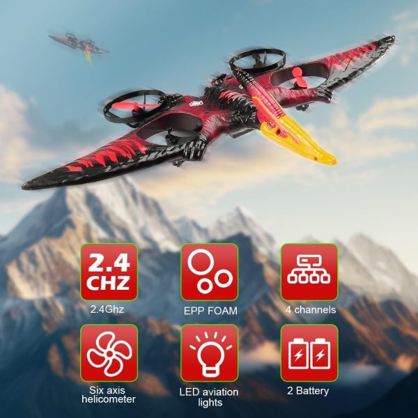 Dragon Remote Control Airplane,RC Plane Dinosaur 2.4G 6-Axis Gyro EPP Foam RC Aircraft One Key Take Off 360 Rotation Easy to Fly RC Glider Flying Toys for Kids & Beginners (Red) - Image 3