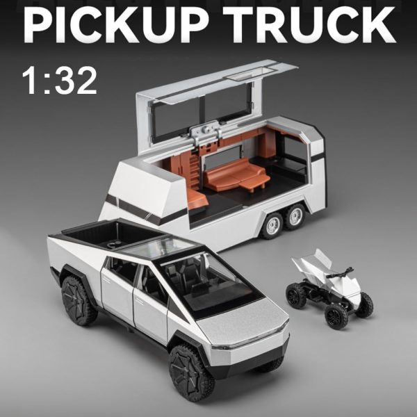 1/32 Pickup Truck and Trailer Toys with Light and Pull Back, Alloy Diecast Pickup Trailer RV Model Kit, Diecast Model Car Toy Truck and Trailer for Boys Adults as Birthday Gifts (Silver) - Image 3