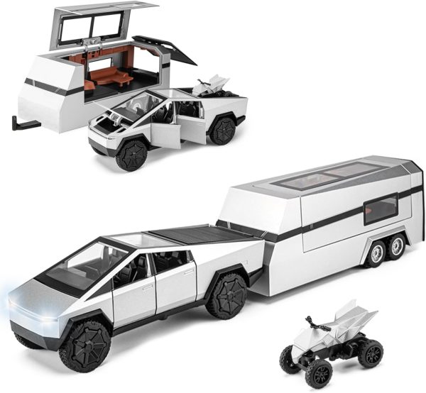 Cybertruck Toy for Kids, Pickup Truck with RV Motorcycle Cybertquad Metal Die-cast Model Car, 1/32 Toy Truck and Trailer with Sound/Light/Pull Back, Ideal Gift for Boys Aged 6 and Up (Silver) - Image 2