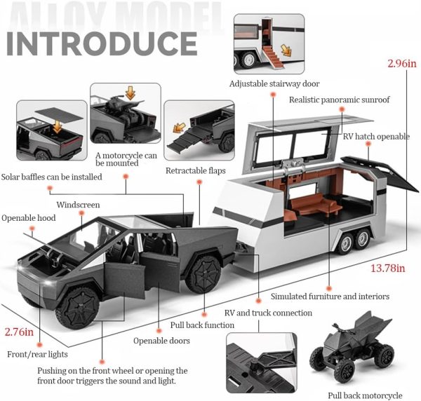 Pickup Trailer RV Model, Metal Pick-Up Truck Trailer Toy with Motorcycle, Toy Truck with Sound/Light/Pull Back/Realistic Interior Exterior,Ideal Toy Car Vehicle Gifts (1/32 Green Pickup Trailer RV) - Image 4