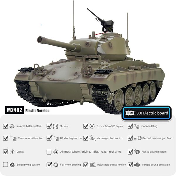 Remote Control Light Tank M24 Chaffee Tank 1/16 War RC Military Vehicle Simulation Smoke Barrel Telescoping NO-Shooting Sound Effect Collection Model 34CM (3.0 Mainboard) - Image 5